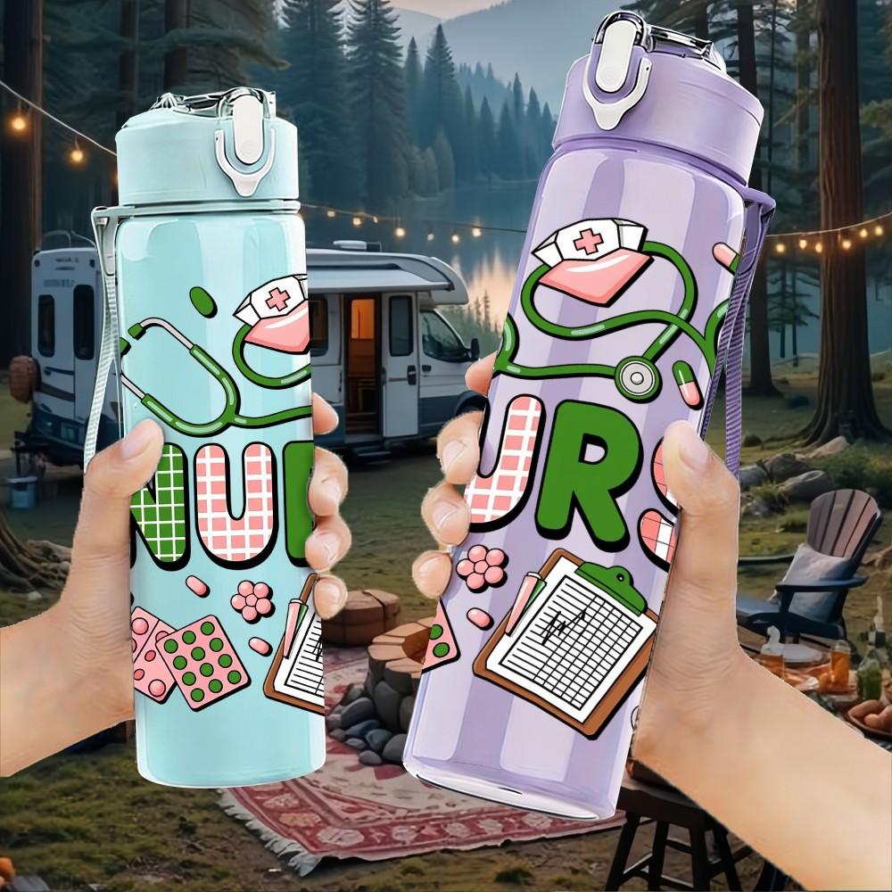 1PC Nurse Green Typography Pattern 750ml Color Plastic Sports Water Bottle Leakproof Flip Straw Lid Suitable for Sports Office Home Use
