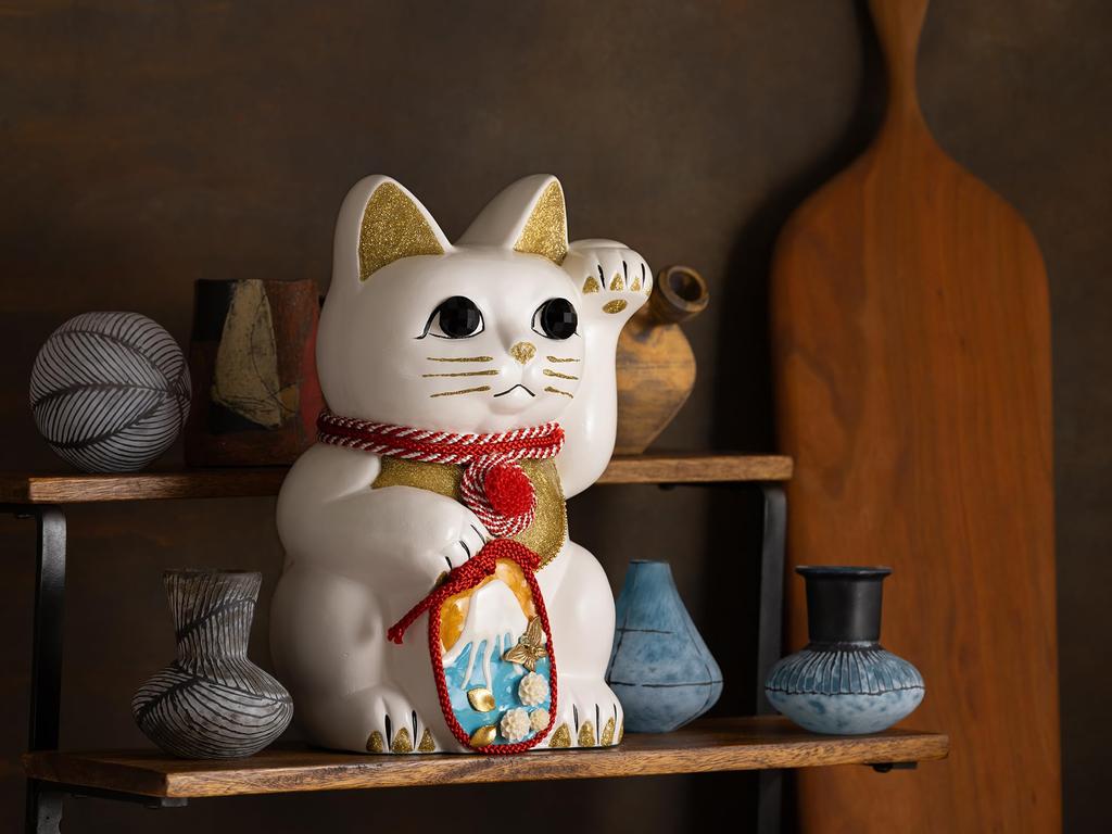 Счастливый кот Фудзи Левосторонний кот Счастливый кот Манеки Кот Фудзияма Украшение Фэн-шуй Коробка для пожертвований Белый Гора. (L-SIZE Белый) Поднятый/Керамический_Lucky (fj_L