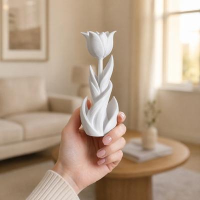 3D-печатная фигурка тюльпана, цельная белая статуэтка цветка, декоративный элемент цельного литья, прочный арт-декор для спальни, кабинета, рабочего стола, прихожей,