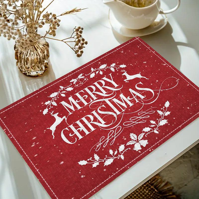 Christmas Linen Placemat Table Coffee Mat Red Nose Reindeer Snowflake Merry Xmas HO! Holly Leaf Ball Plaid Decorative Coasters