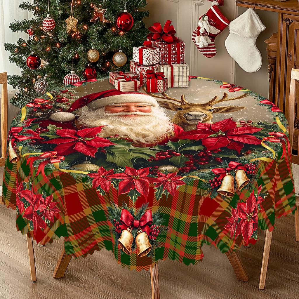 Retro Country Christmas Tablecloth Plaid Santa Claus Pattern Festive Holiday Party Dining Table Decor Cloth