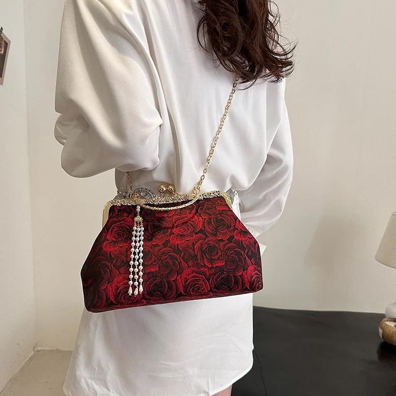Красная роза цепочка сумки на плечо для женщин кисточки ракушки клип сумки свадебный клатч цветы бисер сумки мессенджер дизайнер