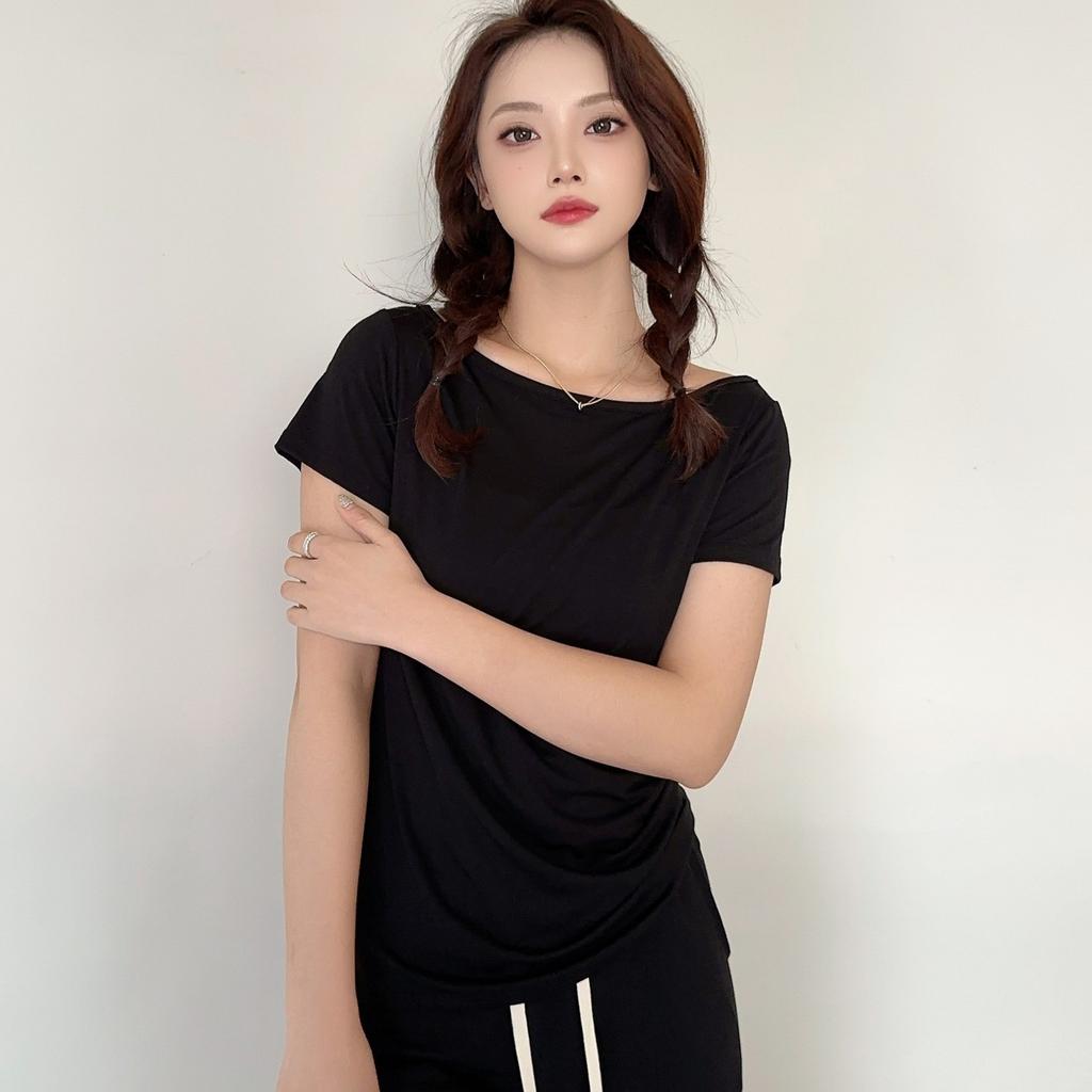 Модал с короткими рукавами и открытой спиной Футболки женские лодочки с открытыми плечами Футболка Однотонный цвет Свободный базовый слой Топ Большие размеры простые Майки