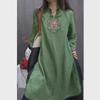 Women's Retro Chinese Cotton Linen Embroidered Mid-Length Seven-Sleeve Dress