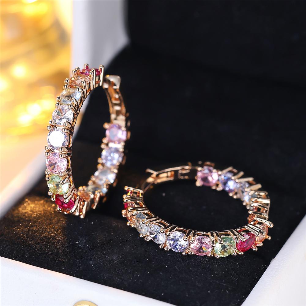 For Earrings Rainbow Luxury Hoop Women Round Colorful Cubic Zirconia Earrings Wedding Party Jewelry