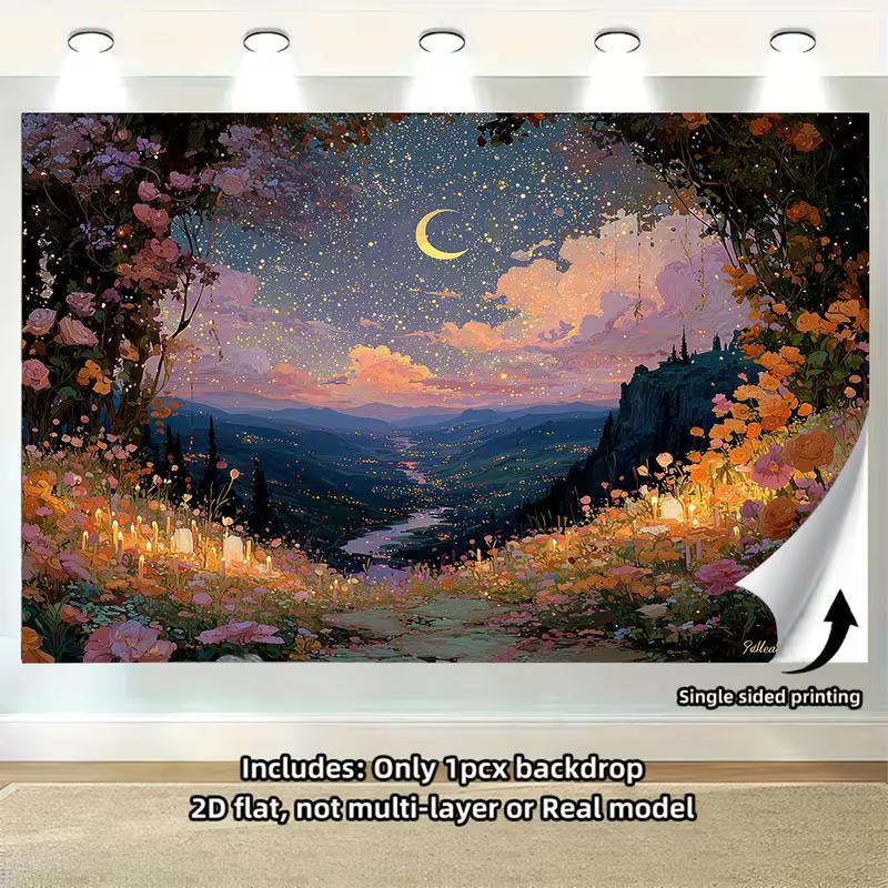 2D Enchanted Floral Night Backdrop, Dreamy Starry Valley & Moonlight Wall Art
