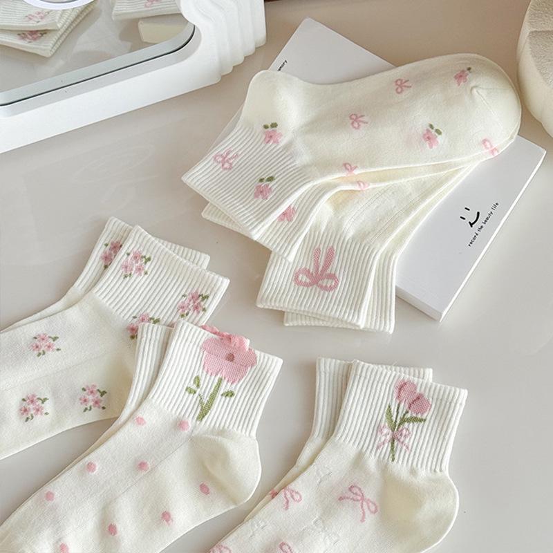 Women's Autumn/Winter Short Socks - Cute Japanese Style with Pink Flowers, Polka Dots & Bow, White Versatile Design