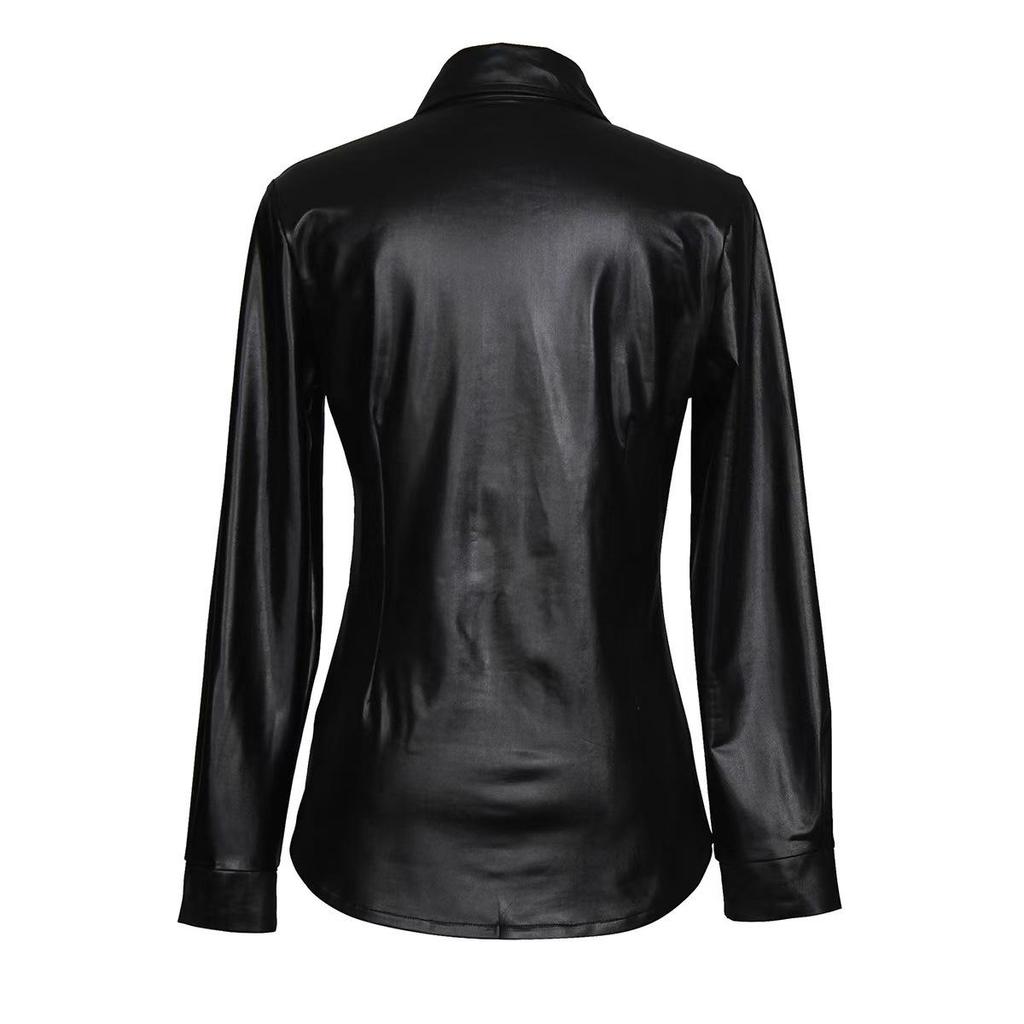 Women's Casual Long-Sleeve Faux PU Leather Jacket with Chest Pocket