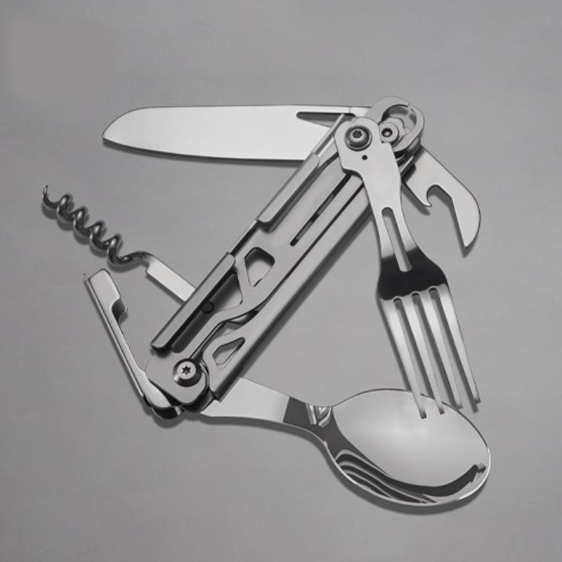 Outdoor Folding Tableware Stainless Steel Portable Knife Fork Camping Cutlery Spoon Bottle Opener Outdoor Tool Kit