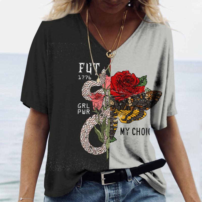 Женские футболки с v-образным вырезом, модные футболки с цветочным рисунком, летние короткие женские топы с принтом, повседневные футболки в стиле Харадзюку 5XL