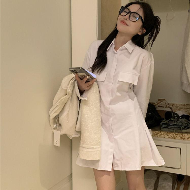 Black Shirt Dress Women Elegant Vintage Long Sleeve Dresses Sexy Gothic Pleated Streetwear Turn-down Collar Casual Robe