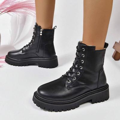 Большие размеры PU кожаные мотоциклетные ботинки женские короткие плюшевые ботильоны на платформе женские осенне-зимние толстые подошвы на шнуровке Botas Mujer