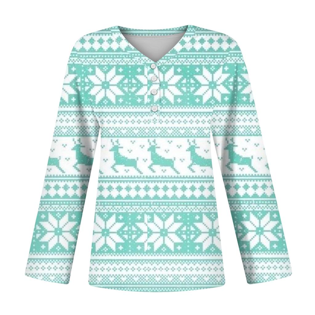 Women's Casual Fashion Sexy Comfort Christmas Printed V-Neck Button Long Sleeve
