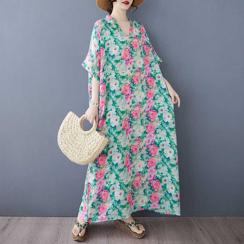 Летнее цветное дорожное платье с V-образным вырезом в стиле ретро, длинная юбка, хлопок-лен