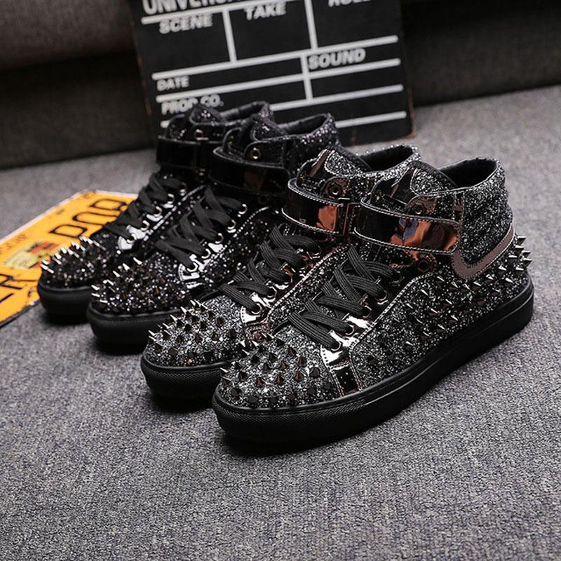 Brand Black Silver Leather Rivets Men Shoes High-Top Fashion Spike Sneakers Shoes Outdoors Flats Casuals Shoes Chaussure Homme