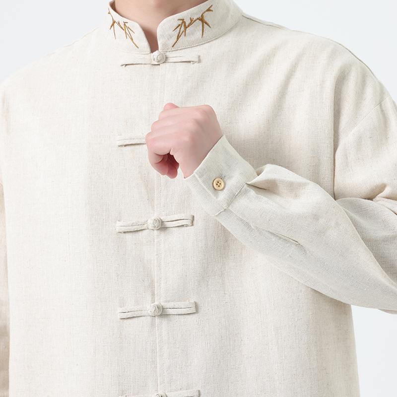 Мужская рубашка в китайском стиле с бамбуковой вышивкой, осень 2025, мужская рубашка с длинным рукавом, свободная, ленивая, белая, мужские топы из хлопка и льна в стиле ханьфу