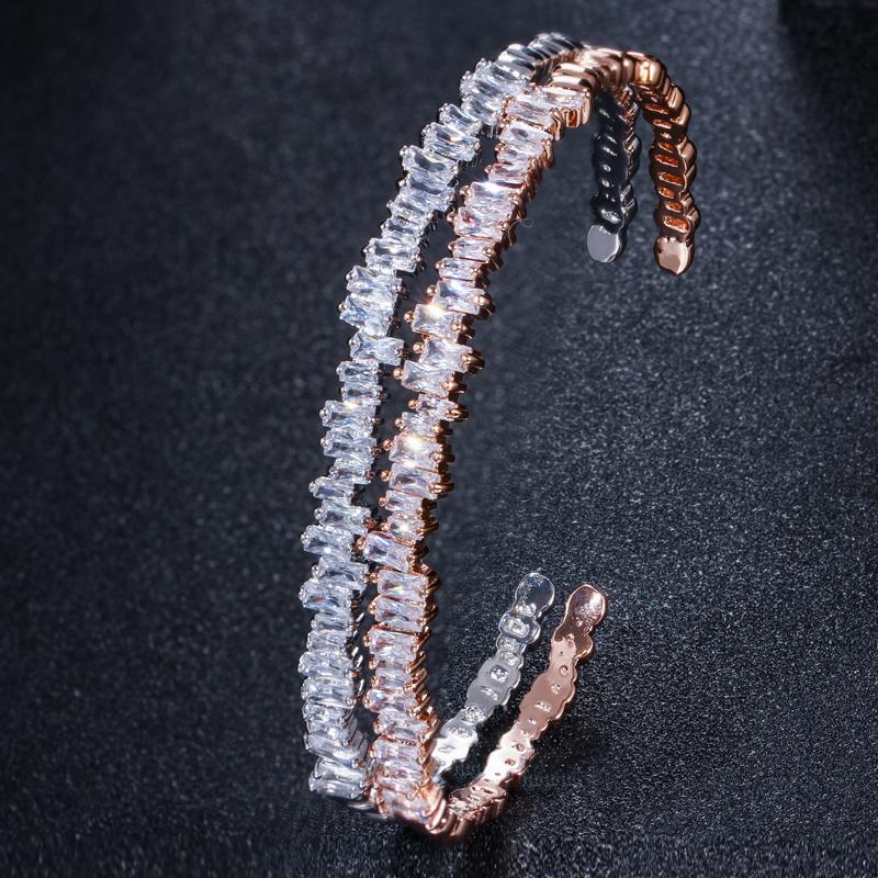 Браслет WWJ Noble Vogue Square Cut Baguette с кубическим цирконием и открывающейся манжетой