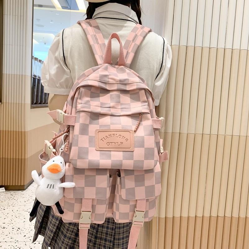 Academy Style Plaid Backpack For Women 2023 New Cross-border Middle School Student Bag Large Capacity Travel Double Shoulder Bag White