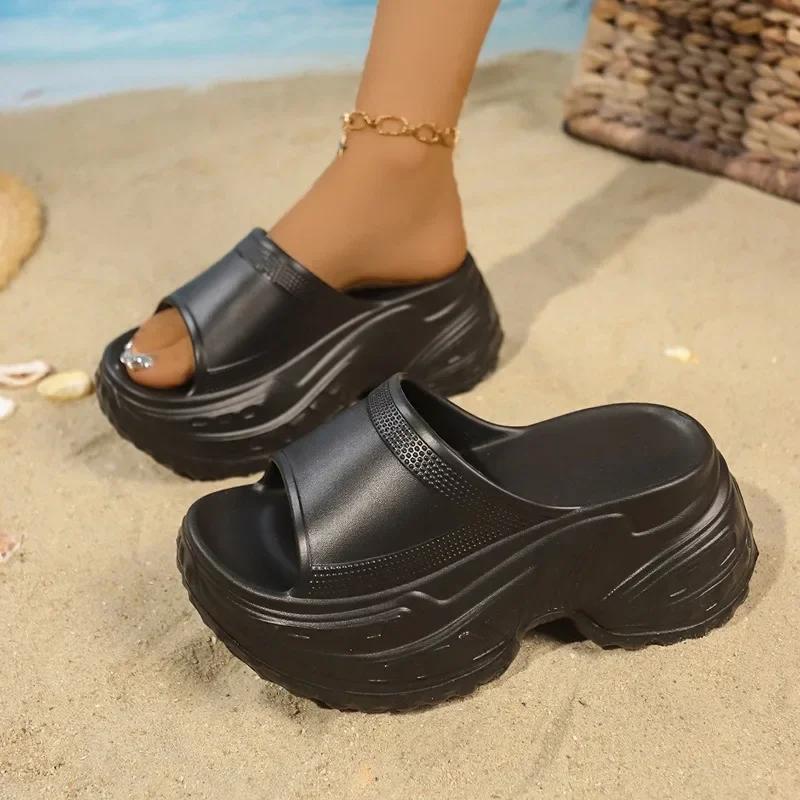 Мода 2025 Лето Женские Однотонные Пляжные Шлепанцы на Платформе с Круглым Носком Легкие Повседневные Сандалии для Улицы Повседневные Шлепанцы Женские Zapatos Mujer