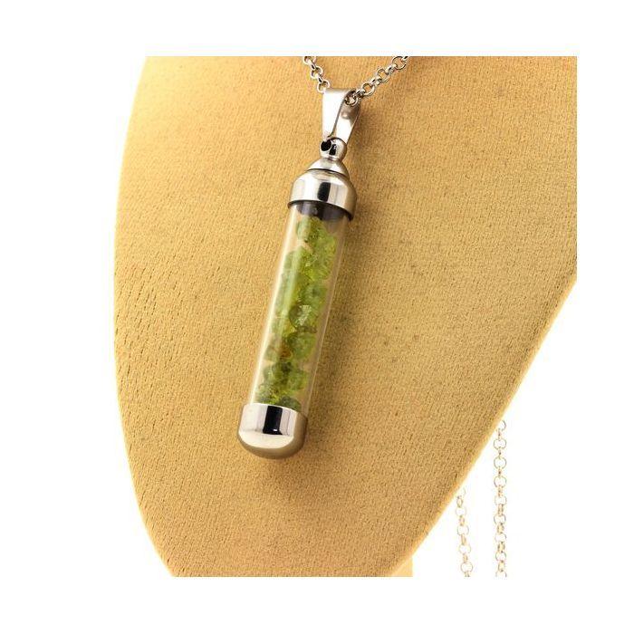 Stones and Minerals. Raw Peridot Necklace. 50 Mm Tube Model.