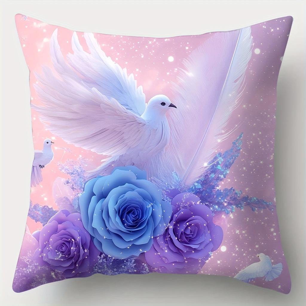 Peace & Love Style Pillow Covers, Colorful White Dove & Purple Rose Print Cushion Cases, Cozy Home Decor For Bedroom Living Room