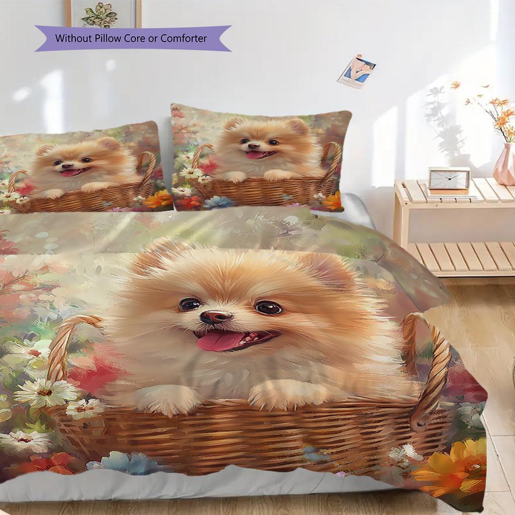 Pomeranian Pattern Bedding Quilt Set Quilt Cover Pillowcase Home Decoration Birthday Gift (1 * duvet cover + 2 * pillowcase, without core)