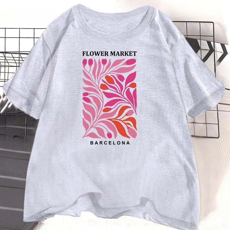 Flower Market Barcelona Tshirt Women Cotton Flower Tshirt Casual Short Sleeve Round Neck Summer Graphic T Shirts Clothes Tops