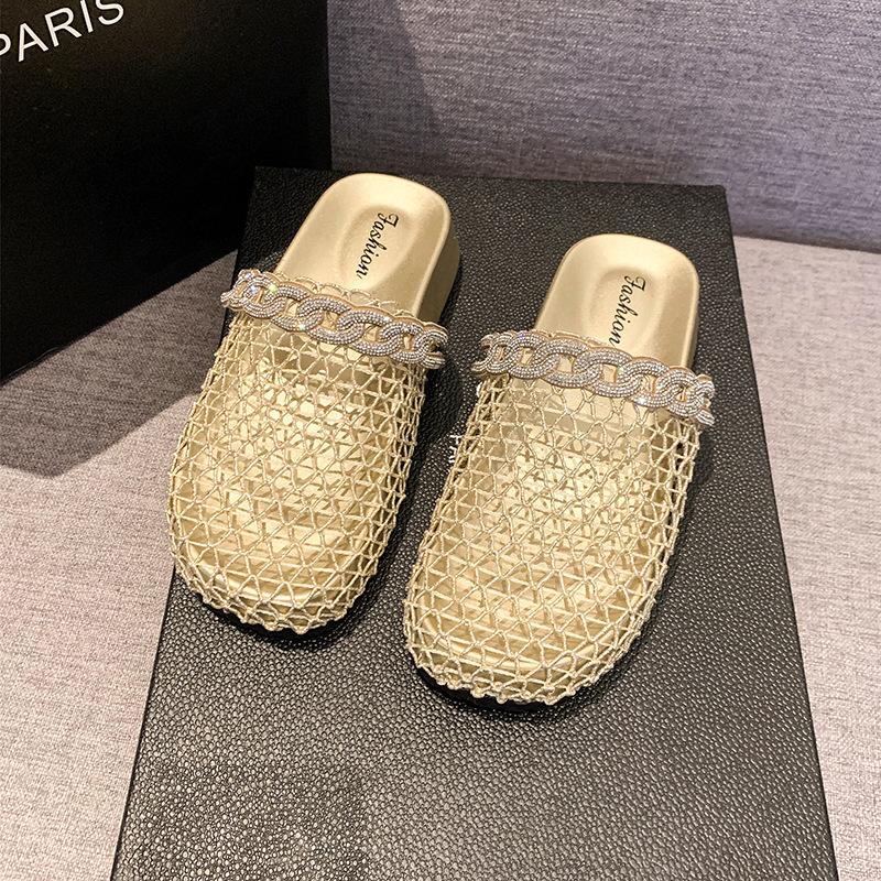 Модные летние женские шлепанцы, плоские, дышащие, с круглым носком, со стразами, женские мюли, сетчатые, модные, для улицы, пляжная обувь, Zapatillas De Mujer