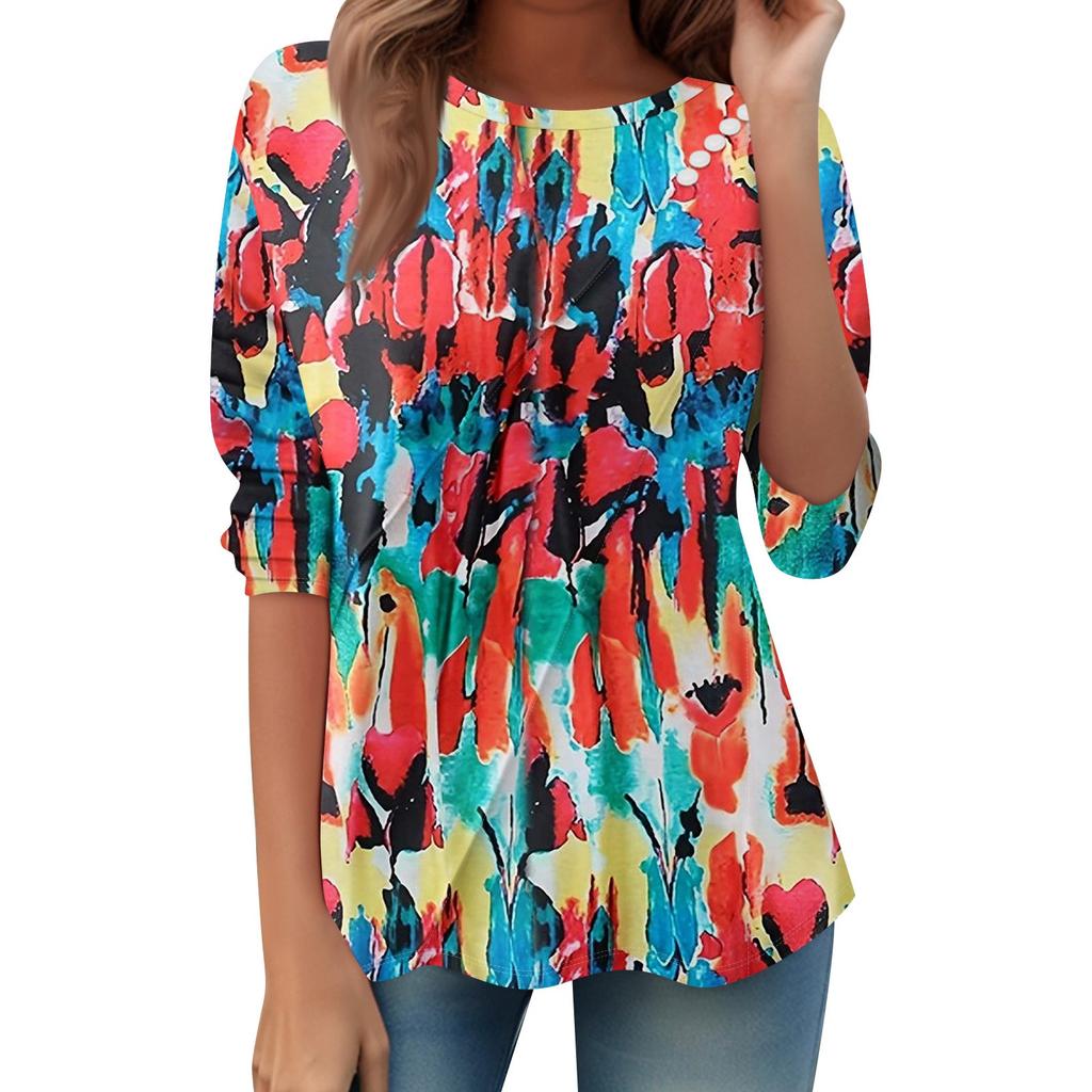 Women's Loose Casual Long Sleeve Top Round Neck Button Pull Stripe Prints T Shirt