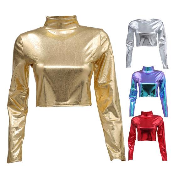 Женский клубный топ из глянцевой искусственной кожи с высоким воротником, однотонный, с открытой талией, с длинными рукавами, узкий пуловер, эластичный эластичный пуловер для ночного клуба, сценическое шоу, вечеринка