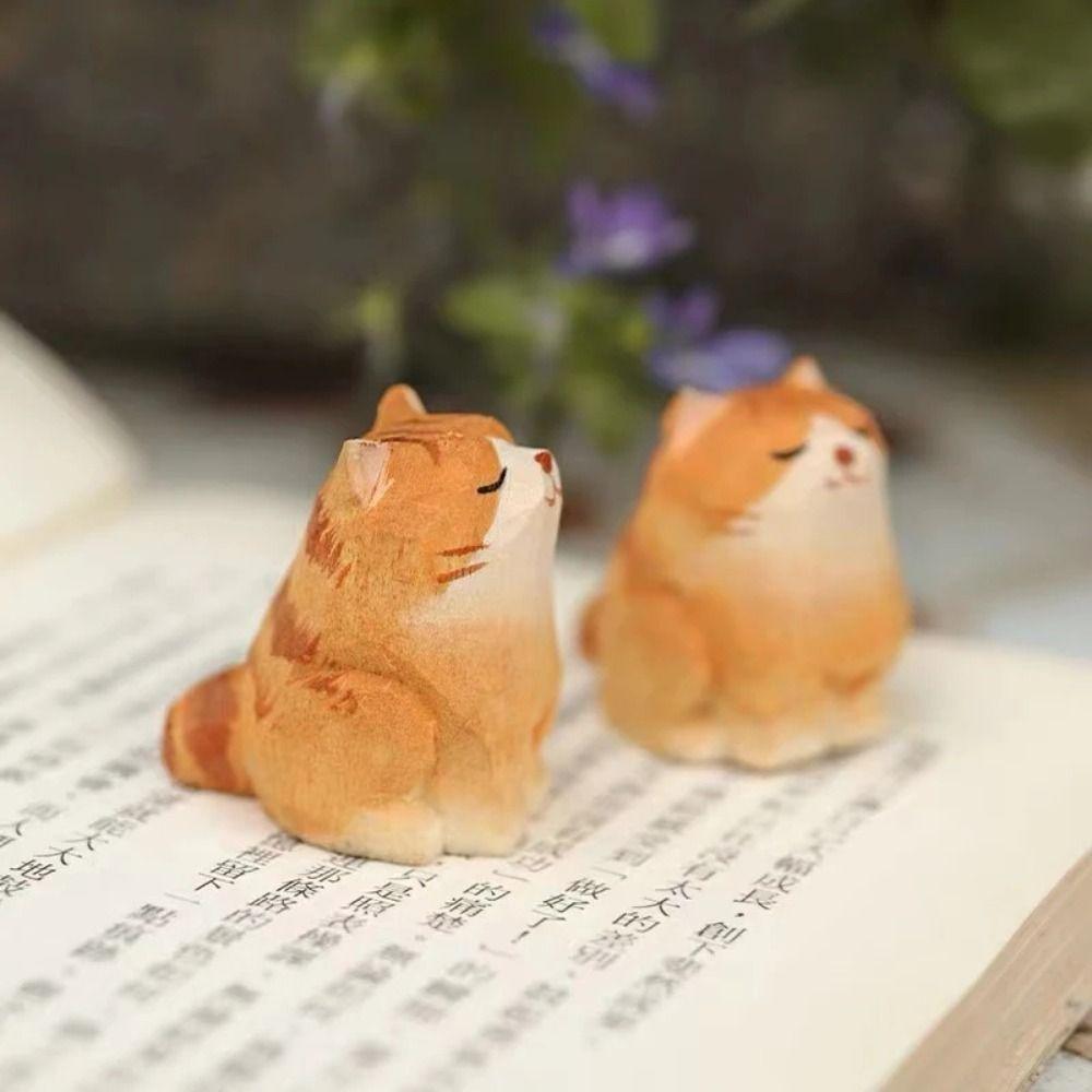 Mini Cat Dog Statues Painted Small Animal Dolls Desktop Accessories Wooden Animal Figurine Home