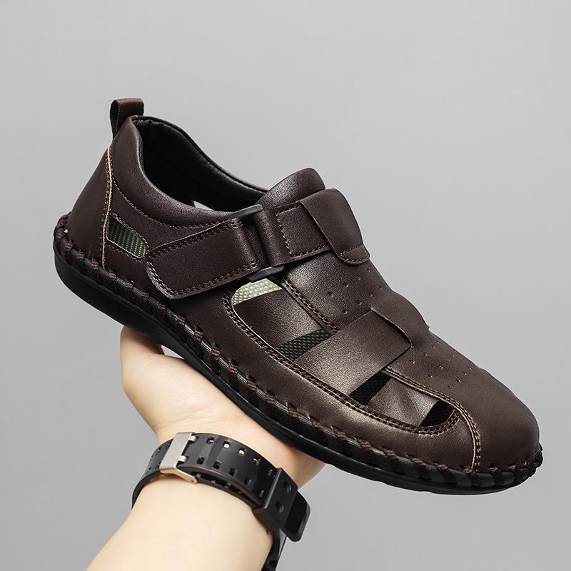 Сандалии большого размера Горячая распродажа сезона Летние новые Повседневные С открытым носком Натуральная кожа Слипоны Мужская пляжная обувь Удобная Резиновая