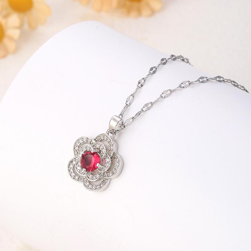Ruby Necklace Women'S Simple And Versatile Trend Temperament Zircon Flower Pendant Collarbone Chain