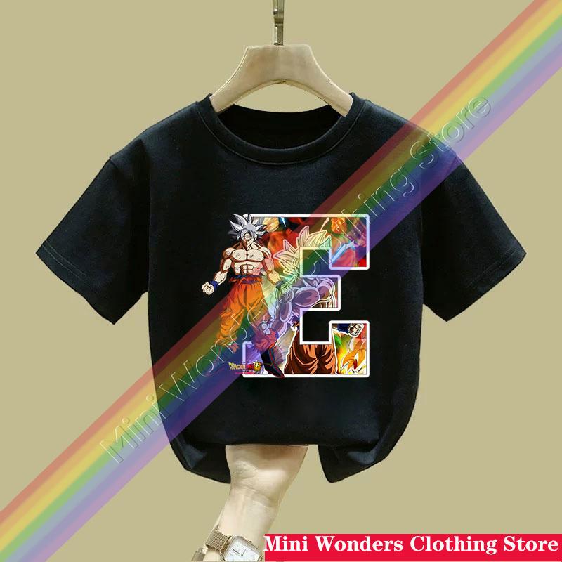Dragon Ball Goku Tshirt Letter AZ Print Boys Clothes Cotton Short Sleeve Toddler Fashion Cartoon Anime Summer Street Wear Gift
