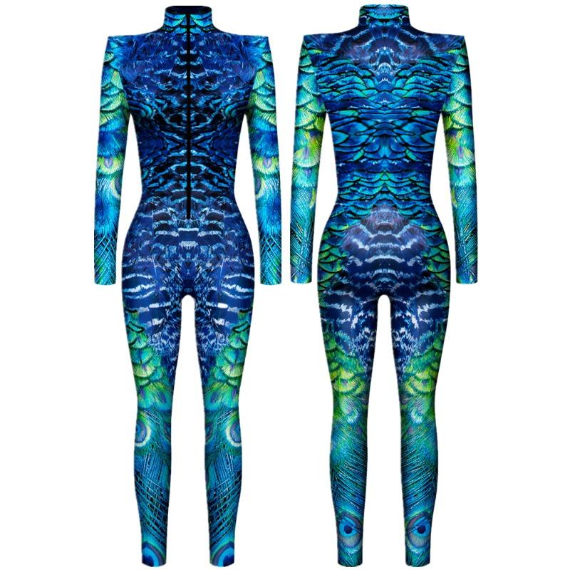 Животное Чешуя Павлинье Перо Змеиная Кожа Интересный Панк Готика Женщины Сексуальный Хэллоуин Тонкий Комбинезон Косплей Костюм Боди