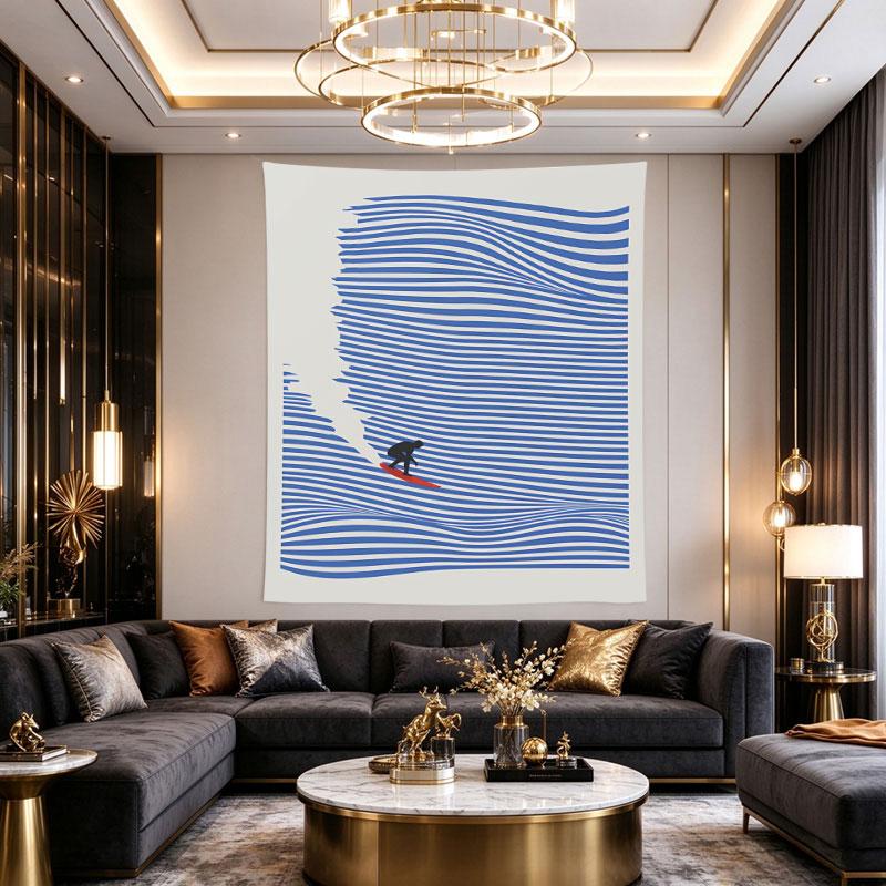 Surfer Minimalist Line Art Poster Blue Waves Red Surfboard Op Art Print