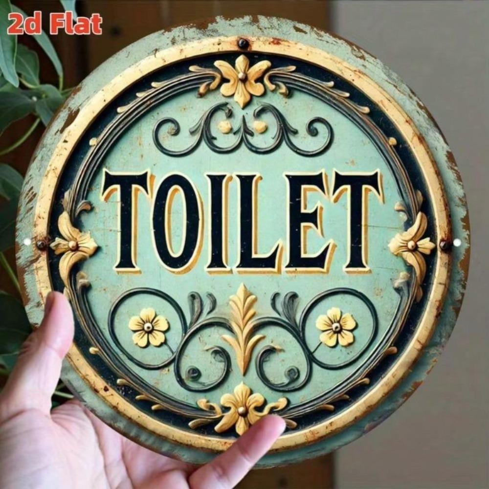 Retro Toilet Sign Metal Wall Art Gold Blue Green Decor