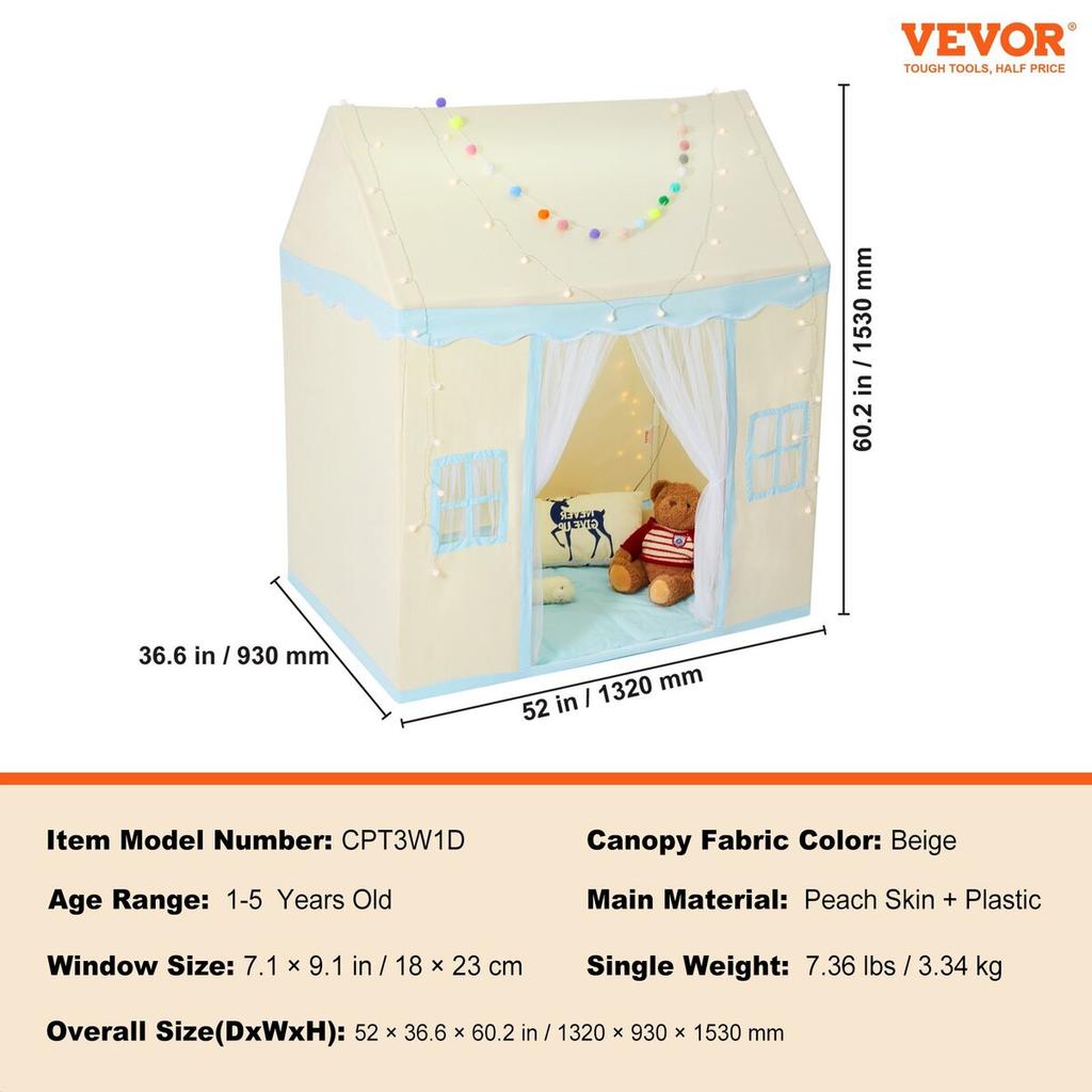 Kids Play Tent Kids Tent for 1-5 Years Old Toddler Tent with Mat and Lamp