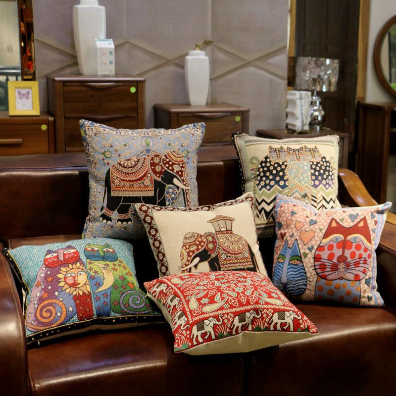 Ethnic Style Elephant Sofa Pillow, Cat Embroidered Cushion Cover, Pillowcase Cover (Without Pillow Core)