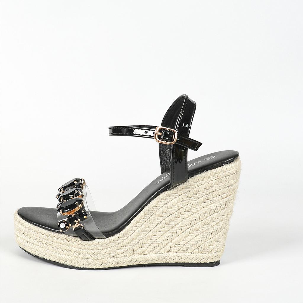 Женские босоножки на покатом каблуке, сексуальные, соломенные, простые, с высоким наклонным каблуком, водонепроницаемые, модель тележки, со стразами, классные, LFD-11013-11