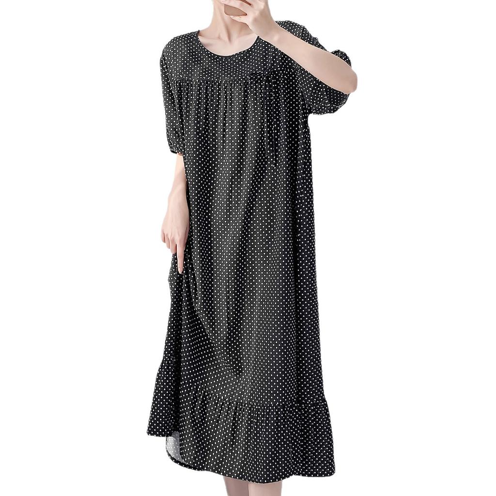 Retro polka dot cotton and silk nightdress women's summer loose large size literary and artistic fan medium and long loungewear can be worn outside