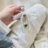 Sweet Handmade White Beaded Bowknot Lace Bag Charm Imitation Pearl Heart Pendant Keyring Exquisite Backpack Keyring Decorations