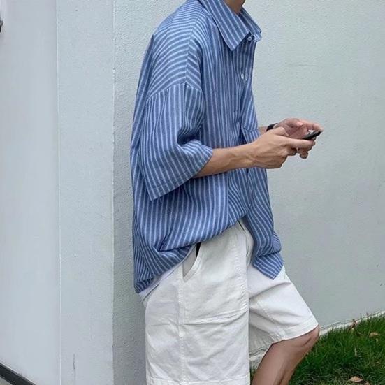 Летняя мужская рубашка с застежкой на пуговицы и воротником-лацканами в полоску, кардиган с короткими рукавами, свободный кардиган средней длины, повседневная одежда для офиса и бизнеса, топ