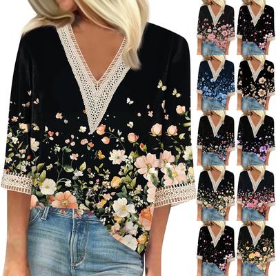 Женская модная футболка с V-образным вырезом и кружевным винтажным цветочным принтом, повседневный топ с семью рукавами