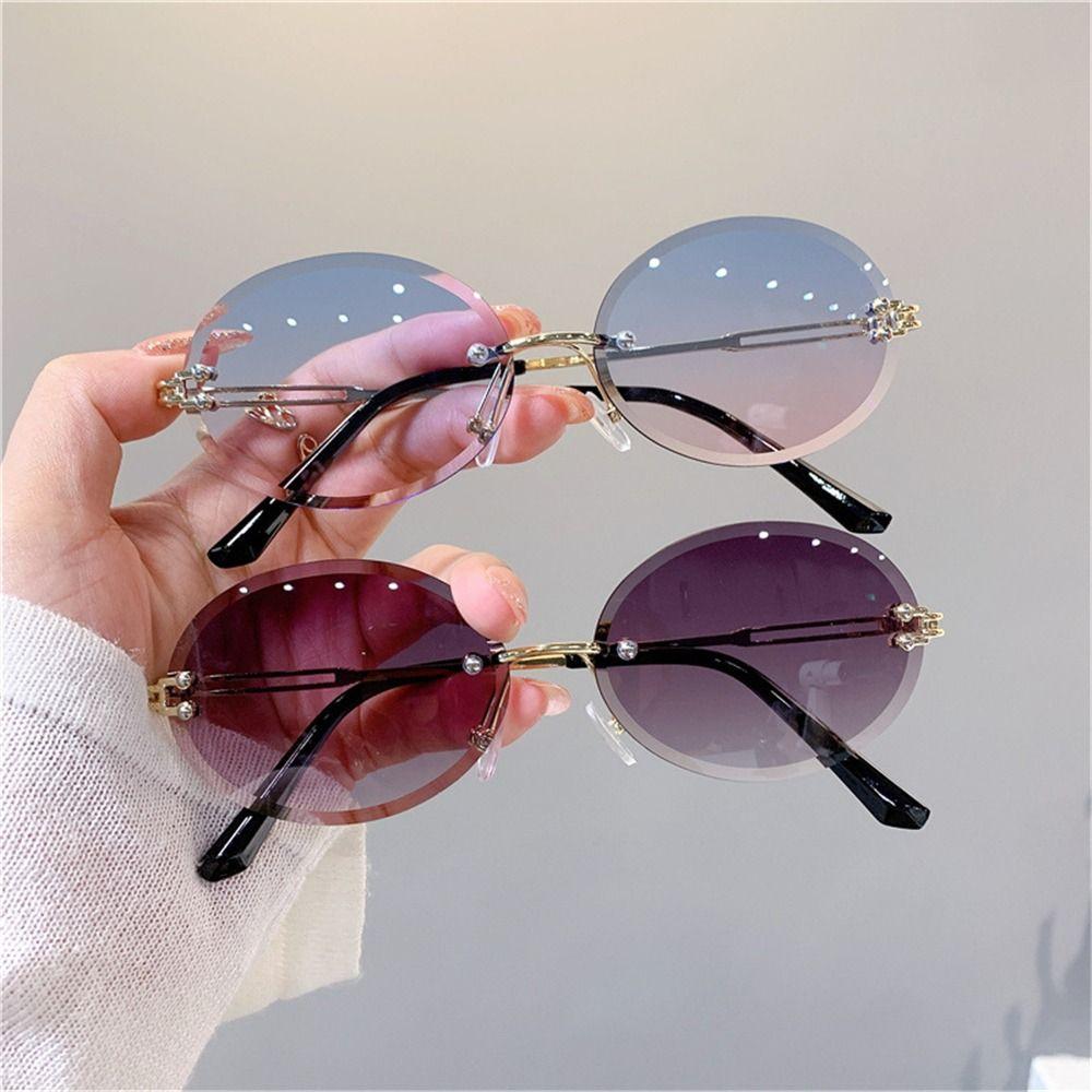 Rimless Oval Sunglasses Vintage Metal Punk Sun Glasses Trendy Frameless Shades Uv400 Protection Gradient Lens Glasses