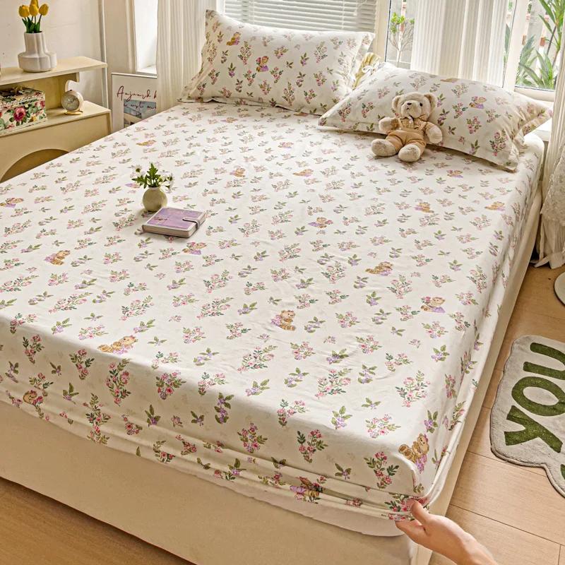Floral Leaves Pattern Fitted Sheet Set 100% Cotton Comfortable Soft Bedding Set Plants Printed Mattress Cover with Pillowcases