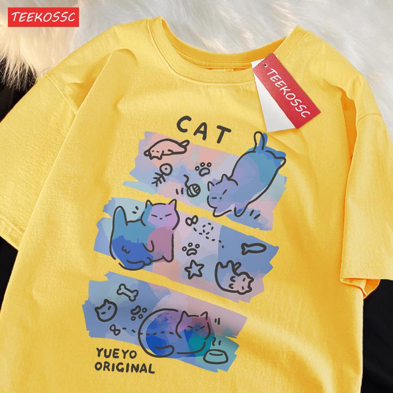 Colorful Three Cats Trendy Loose And Breathable Pure Cotton Summer Short Sleeved T-shirt Men Women Dreamy Fun Cat Cute Clothing