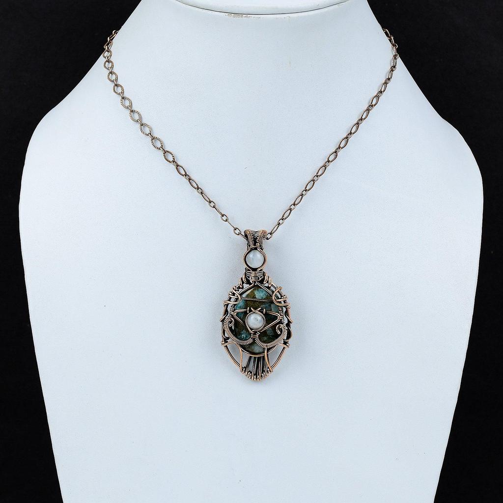 Медный кулон с амазонитом от сглаза, медная проволока, кулон с драгоценным камнем, изысканные ювелирные изделия ручной работы, подвеска с радужным лунным камнем, ювелирные изделия из медной проволоки