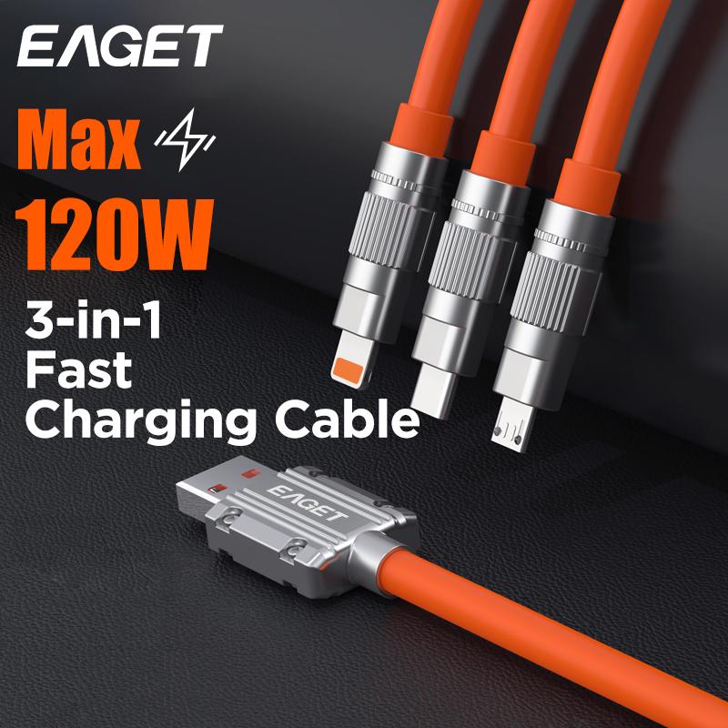 EAGET Кабель для быстрой зарядки 3-в-1 120 Вт с силиконовым проводом и интерфейсом из цинкового сплава