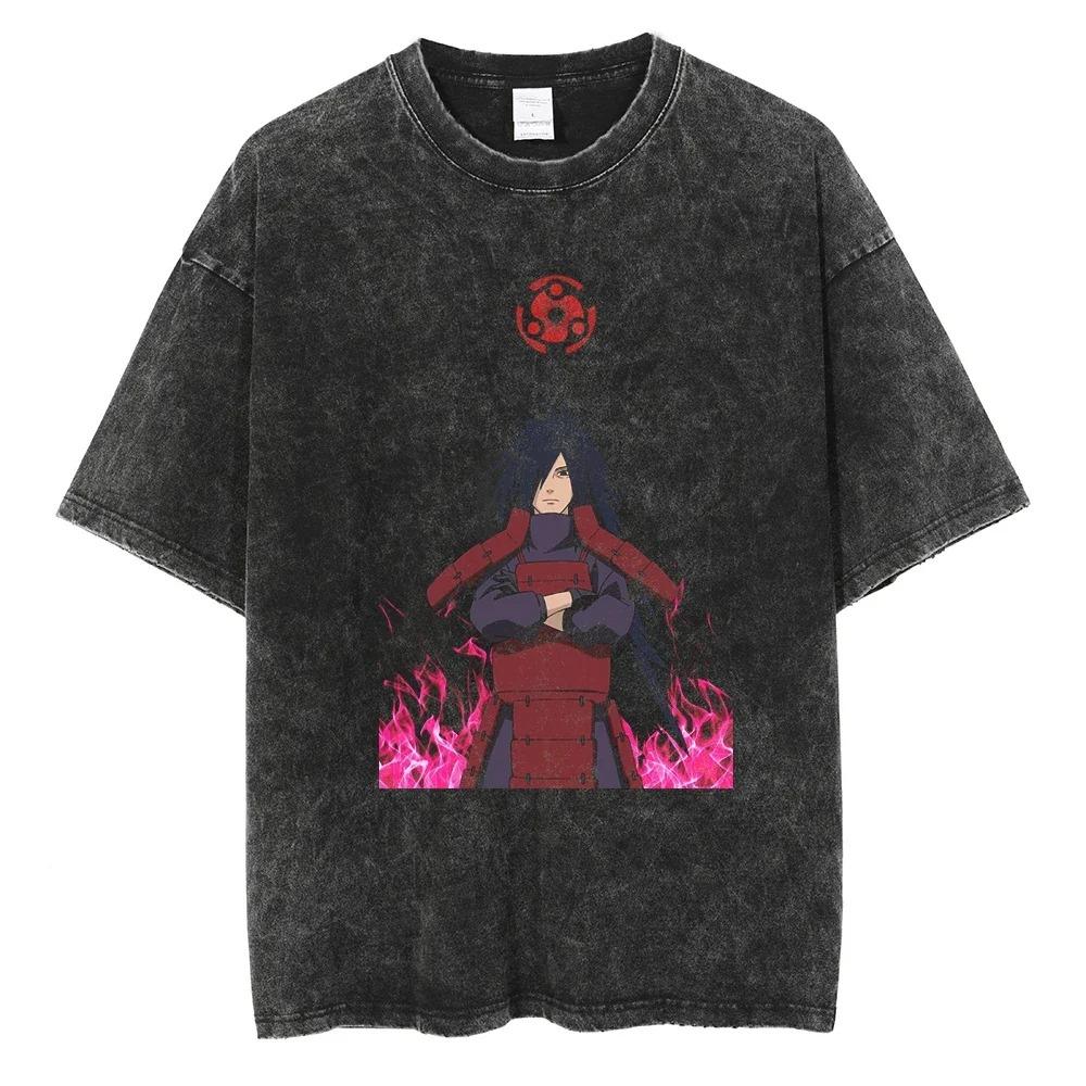 Летняя футболка с коротким рукавом из хлопка для мужчин и женщин Streetwear Винтажная черная стираная футболка Harajuku Аниме Наруто Принт Футболка Свободные Топы Футболки